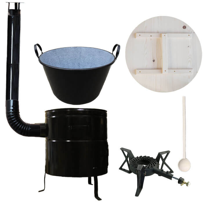 Zabijačkový smaltovaný kotel 100 L + kovová kotlina 60 cm + hořák 7 kW a kouřovod