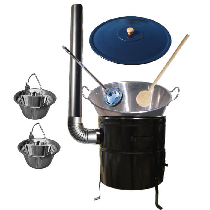 Zabijačkový nerezový kotel 80 L, kovová kotlina 58 cm, smaltovaná poklice + 2 servírovací nerezové kotlíky zdarma